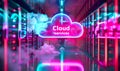 Neon cloud services sign floating over a server room filled with data racks, symbolizing modern cloud computing and data storage