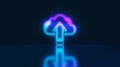Neon cloud upload data neon sign in blue with reflection background. Cloud technology