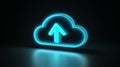 Neon cloud upload icon on dark reflective surface.