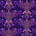 Neon Clover field seamless pattern. Cool psychodelic turquoise purple gamma.