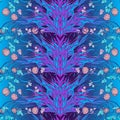 Neon Clover field seamless pattern. Cool psychodelic turquoise violet gamma.