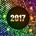 Neon club rainbow sequins disco pattern background with number 2017. Golden Happy New Year text for greeting holiday banner. Royalty Free Stock Photo