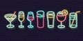 Neon cocktails set. Fluorescent isolated vector icons of brick wall background for menu, banner, advertisement. Isolated