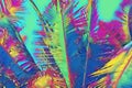 Neon coco palm leaf on blue sky background. Tropical nature vibrant digital illustration. Exotic island landscape Royalty Free Stock Photo