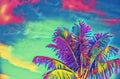 Neon coco palm tree on vivid sky digital illustration. Psychedelic tropical vacation banner template with text place. Royalty Free Stock Photo