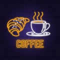 Neon coffee and croissant retro sign on brick wall background. Design for cafe, restaurant. Vector. Neon design for pub Royalty Free Stock Photo