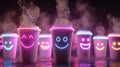 Neon Coffee Cups with Glowing Smiley Faces Royalty Free Stock Photo
