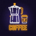 Neon coffee retro sign on brick wall background. Design for cafe, restaurant. Vector. Neon design for pub or fast food Royalty Free Stock Photo