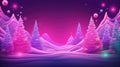Neon collard trendy Christmas holiday background banner. Gamer gen z aesthetics. Winter fur trees in purple and blue
