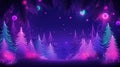 Neon collard trendy Christmas holiday background banner. Gamer gen z aesthetics. Winter fur trees in purple and blue