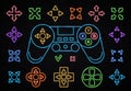 Neon color joystick icon set isolated on black background. Wireless Gamepad sign neon outlines. Play game light design Royalty Free Stock Photo