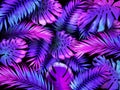 Neon color tropical leaves. Trendy colorful palm tree leaf, jungle background and purple exotic plants leaves vector wallpaper Royalty Free Stock Photo