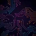 Neon-colored circuit pattern over a dark background, featuring interconnected lines a Royalty Free Stock Photo