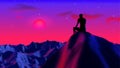Neon colored concept with digital man sitting and thinking on the cliff with 80s synthwave style. Purple and blue Royalty Free Stock Photo