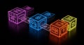 Neon-colored 3D cubes connected by digital pathways on a dark background. Each Royalty Free Stock Photo