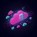 Neon-colored digital illustration featuring a large central pink cloud with server icons,