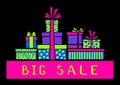 Neon-colored Gift boxes. Big Sale card. Hand drawn collection. Vector illustration