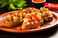 neon colored plate with freshly made shrimp bruschetta