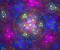 Neon colored rainbow texture with glowing psychedelic spots. Black abstract background with round hole in kaleidoscope fractal pa Royalty Free Stock Photo