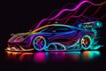 Neon colored sports car on black background. Generative AI Royalty Free Stock Photo