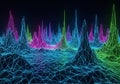 Neon-colored wireframe landscape in a digital 3D rendering, Royalty Free Stock Photo