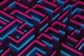 Neon colorful maze pattern in cyan and magenta. Elevated view. Abstract, digital 3D rendering