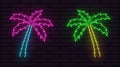 Neon colorful palm outline picture. Vector icon image. Editable color and brightness. Transparent glow