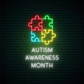 Neon Colorful puzzle. Autism awareness month.