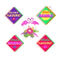 Neon colorful summery prints set with Aloha Hawaii lettering, pair of lovely pink flamingo, palm leaves, hibiscus and sun for T sh