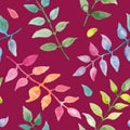 Neon colors plants with leaves watercolor painting - hand drawn seamless pattern on ÃÂrimson color