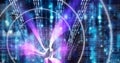 Neon colourful light trails over computer code, program coding and technology concept Royalty Free Stock Photo