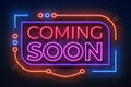 Neon coming soon sign. Film announce badge, new shop promotion glowing element, neon light banner. Vector coming soon Royalty Free Stock Photo