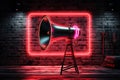 Neon communication Red megaphone stands beside an empty text frame