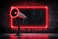 Neon communication Red megaphone stands beside an empty text frame