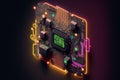 Neon computer processor on black background, created using generative ai technology Royalty Free Stock Photo