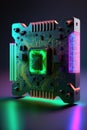 Neon computer processor on black background, created using generative ai technology Royalty Free Stock Photo
