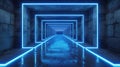 Neon concrete garage background, abstract empty grungy tunnel with lines of led blue light, perspective of modern dark underground Royalty Free Stock Photo