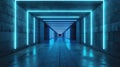 Neon concrete garage background, abstract empty tunnel with lines of led blue light, perspective of modern dark underground Royalty Free Stock Photo