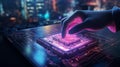 Neon Connection: Cyberpunk Lighting as Businessman Interacts with AI CPU on Mainboard