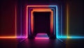 Neon corridor, geometric background. AI generated.