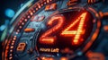 Neon countdown clock showing twenty-four hours remaining with glowing orange lights Royalty Free Stock Photo