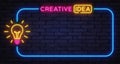 Neon creative idea sign with glowing light bulb inside bright frame. Inspiration concept perfect for startups Royalty Free Stock Photo
