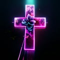 Neon cross with flowers on dark background. 3D rendering. generative AI