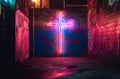 Neon cross glowing in alley