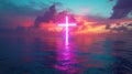 Neon cross in the middle of the sea