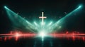 Neon cross on stage with smoke and rays of light.
