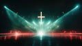 Neon cross on stage with smoke and rays of light. Royalty Free Stock Photo
