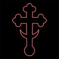 Neon cross trefoil shamrock on church cupola domical with half-moon Cross monogram Religious cross red color vector illustration