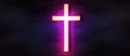 Neon cross web banner. Glowing christian wide cyberpunk background with a holy shrine, brick wall illuminated by cyber