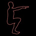 Neon crouching man doing exercises crouches squat sport action male workout silhouette side view icon red color vector